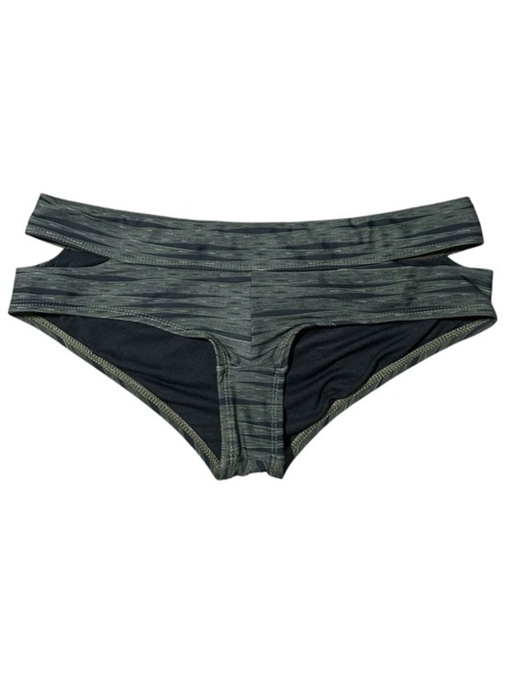 Athleta Women’s Size S Micro Striped Olive Green Black Cutout Bikini Bottoms